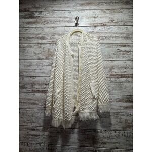 Vintage Enny Green Cream Knit Fringe Cardigan Sweater Open Front Boho